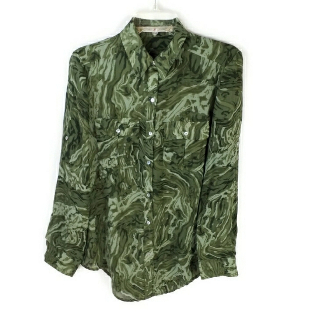 Chelsea & Violet Green Watercolor Swirl Semi Sheer Tunic Blouse Womens Medium